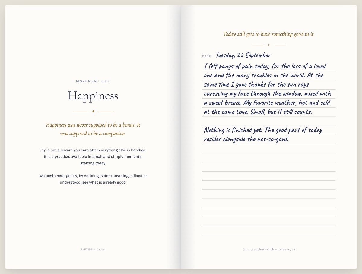 An open spread: the Movement One opening page facing the first daily page, with a handwritten entry